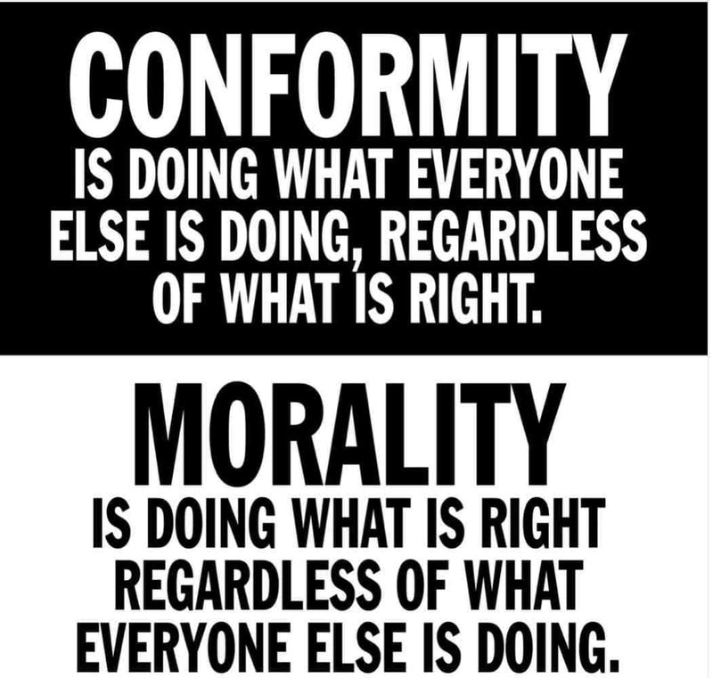 Conformity is doing what everyone else is doing, regardless of what is right. Morality is doing what is right regardless of what everyone else is doing.
